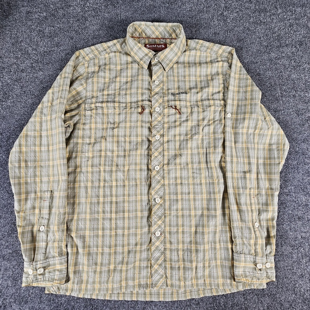 SIMMS Fishing Shirt Mens Size M Yellow Green Plaid Vented Long Sleeve Outdoors